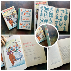 A collage of Junior Deluxe Edition books showing the cover, inside cover, spine, title page and copyright page of the book, Hans Brinker or the Silver Skates, written by Mary Mapes Dodge - vintage children's classic literature books-collectible children's books-rainbow book spines