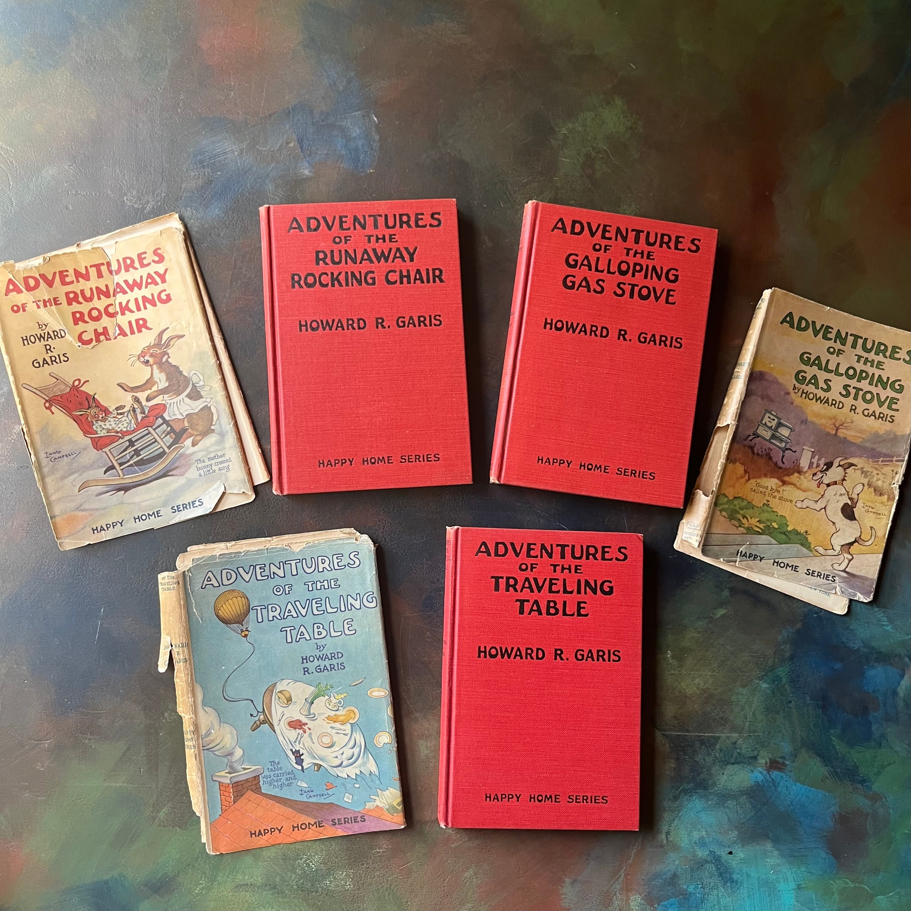 Happy Home Series Storybooks by Howard R. Garis-Adventures of the Runaway Rocking Chair-The Adventures of the Galloping Gas Stove-Adventures of the Traveling Table-view of the front covers