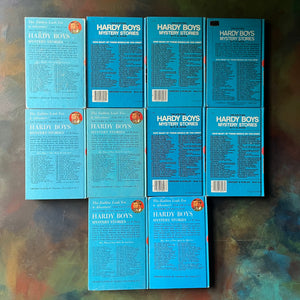 Hardy Boys Mysteries written by Franklin W. Dixon - this is a Starter Set of Volumes 1-10-vintage children's mystery books-wholesome kids books for the whole family-view of the back covers