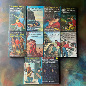 Hardy Boys Mysteries written by Franklin W. Dixon - this is a Starter Set of Volumes 1-10-vintage children's mystery books-wholesome kids books for the whole family-view of the colorful front covers