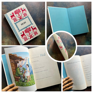 A collage of Junior Deluxe Edition books showing the cover, inside cover, spine, title page and copyright page of the book, Heidi, written by Johanna Spyri - vintage children's classic literature books-collectible children's books-rainbow book spines