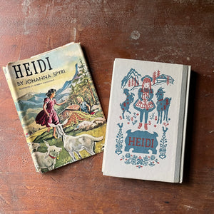 vintage children's chapter book, Junior Deluxe Editions Book - Heidi written by Johanna Spyri with illustrations by Roberta MacDonald -1954 Junior Deluxe Editions Book with Dust Jacket - view of the embossed back cover