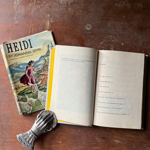 vintage children's chapter book, Junior Deluxe Editions Book - Heidi written by Johanna Spyri with illustrations by Roberta MacDonald -1954 Junior Deluxe Editions Book with Dust Jacket - view of the copyright & contents pages