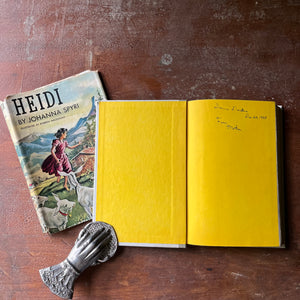 vintage children's chapter book, Junior Deluxe Editions Book - Heidi written by Johanna Spyri with illustrations by Roberta MacDonald -1954 Junior Deluxe Editions Book with Dust Jacket - view of the inside cover
