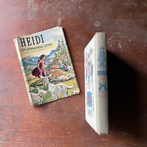 vintage children's chapter book, Junior Deluxe Editions Book - Heidi written by Johanna Spyri with illustrations by Roberta MacDonald -1954 Junior Deluxe Editions Book with Dust Jacket - view of the embossed spine