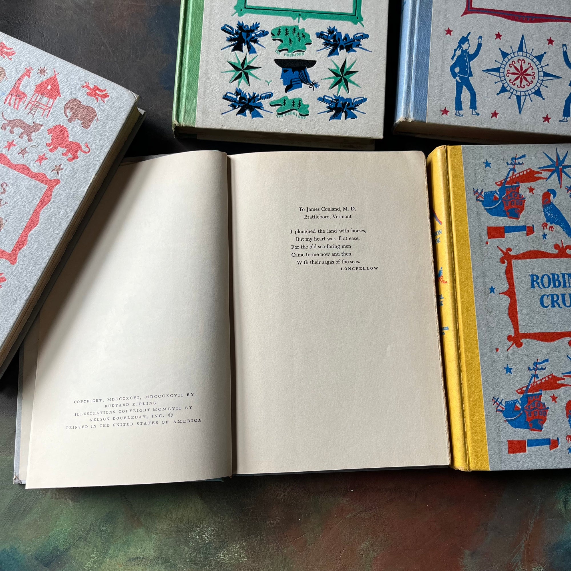 High Seas & Faraway Lands–Classic Adventure Books-Junior Deluxe Editions 5 Book Set-vintage children's chapter books-view of the copyright & dedication pages