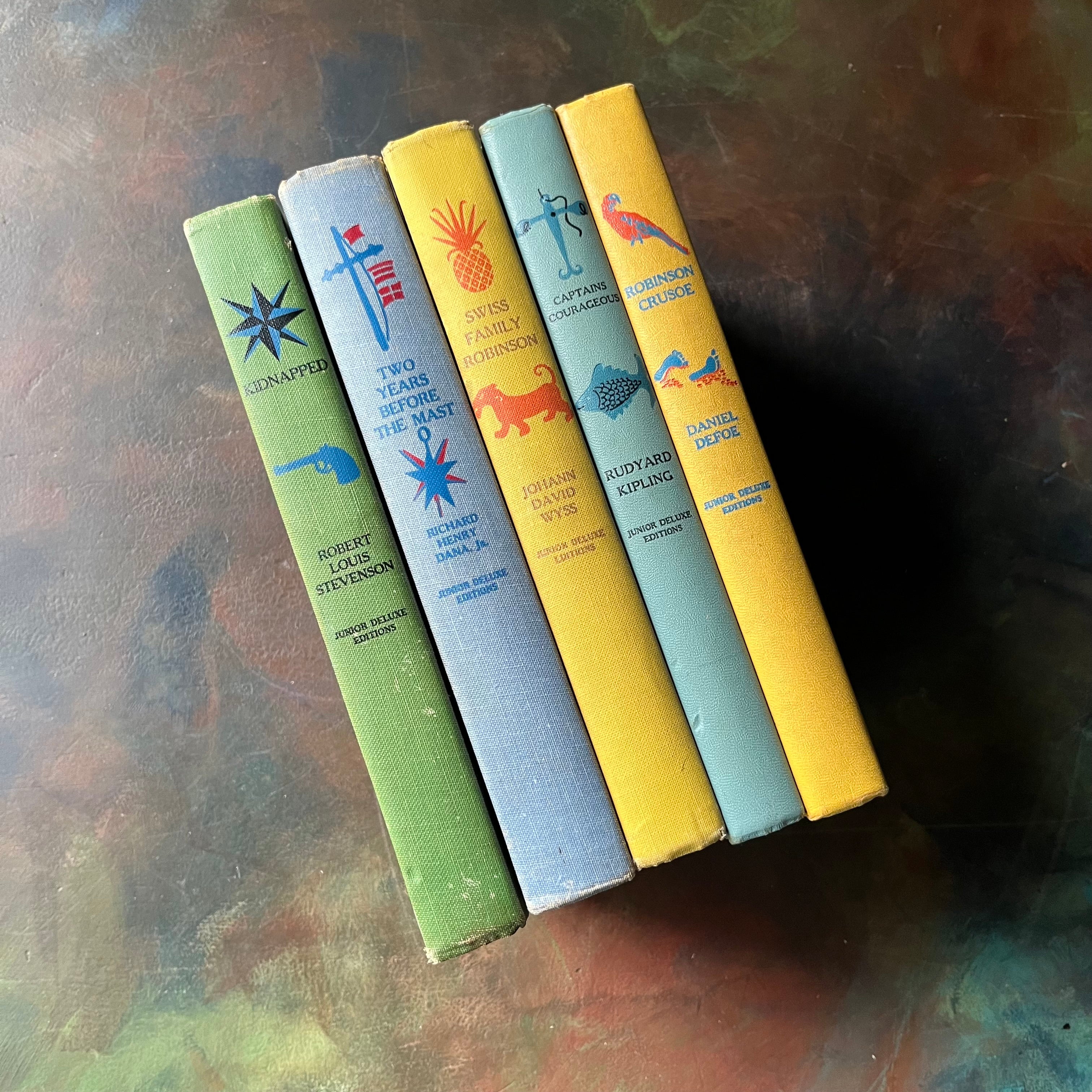 High Seas & Faraway Lands–Classic Adventure Books-Junior Deluxe Editions 5 Book Set-vintage children's chapter books-view of the spines