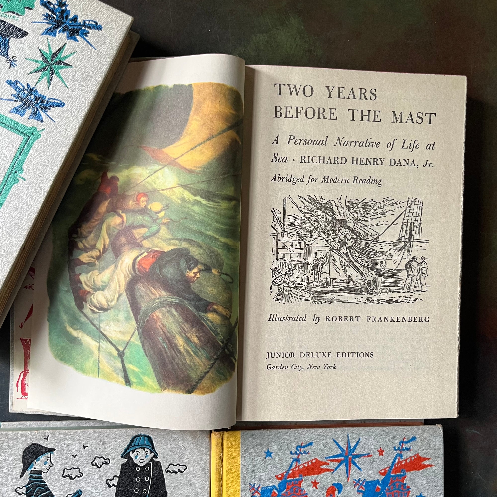 High Seas & Faraway Lands–Classic Adventure Books-Junior Deluxe Editions 5 Book Set-vintage children's chapter books-view of the title page with frontispiece