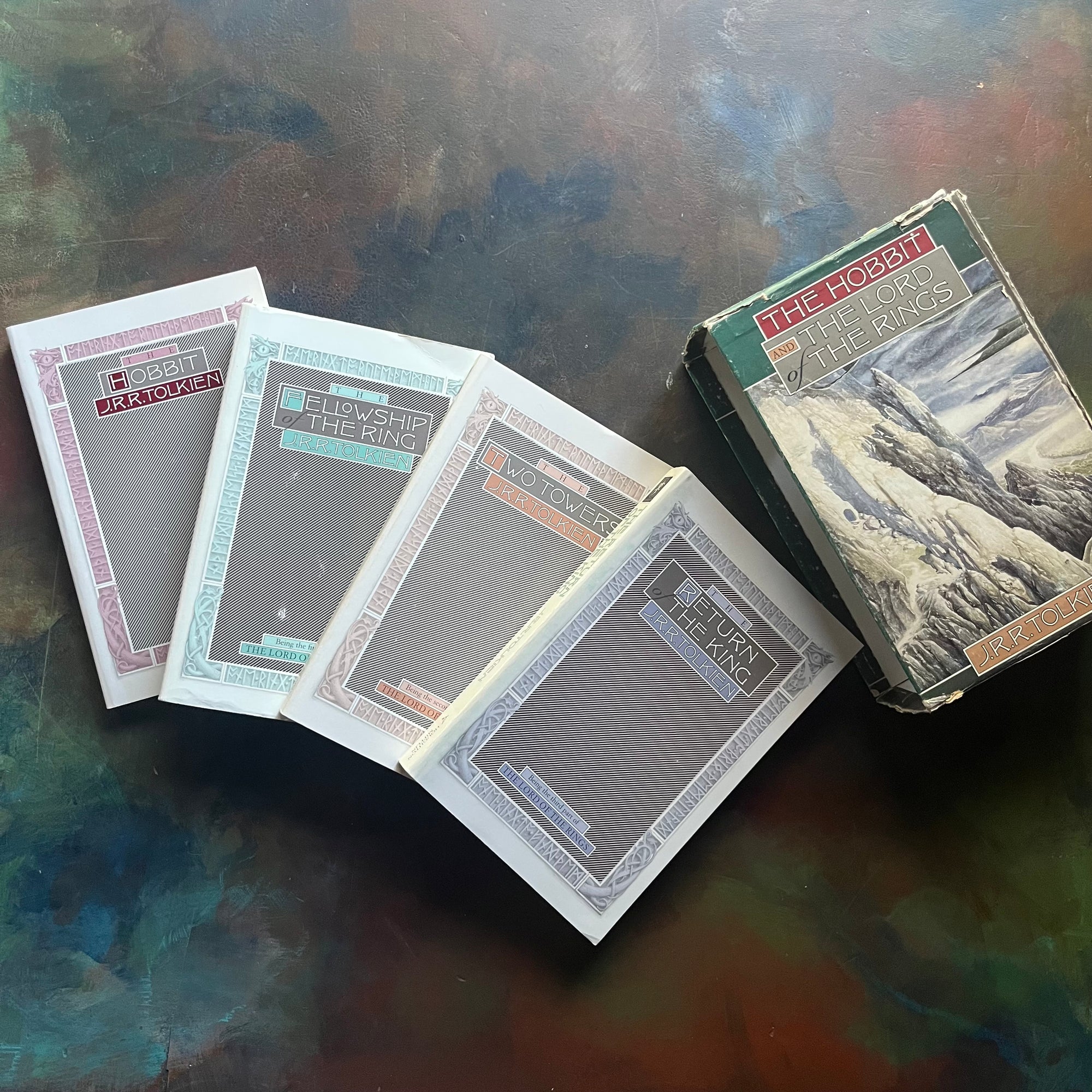 Houghlin Mifflin J.R.R. Tolkien Complete Lord of the Rings and The Hobbit Boxed Set-The Hobbit-The Fellowship of the Ring-The Two Towers-The Return of the King-J.R.R. Tolkien-vintage fantasy-view of the front covers
