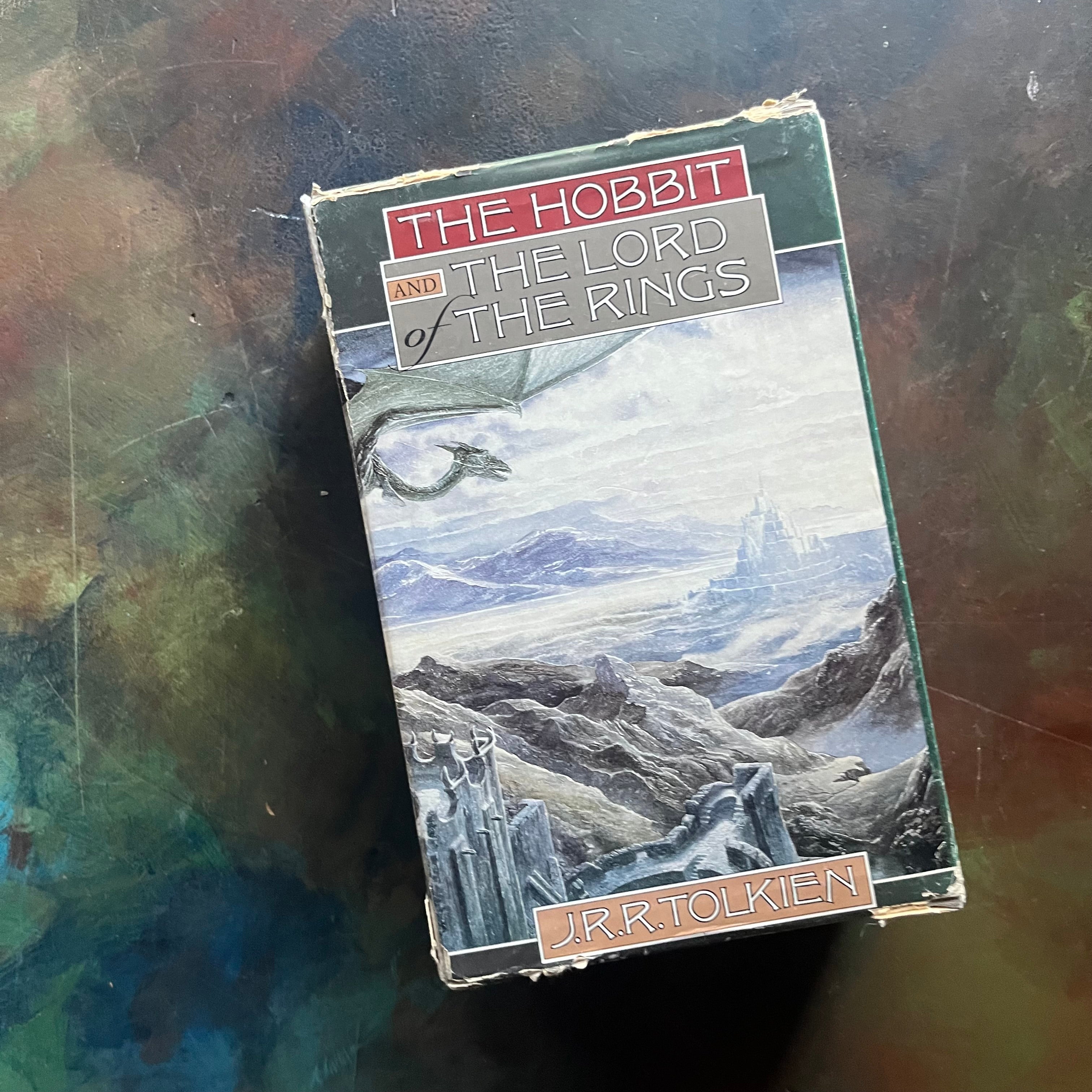 Houghlin Mifflin J.R.R. Tolkien Complete Lord of the Rings and The Hobbit Boxed Set-The Hobbit-The Fellowship of the Ring-The Two Towers-The Return of the King-J.R.R. Tolkien-vintage fantasy-view of the side of the box - please note the wear to the box especially around the edges