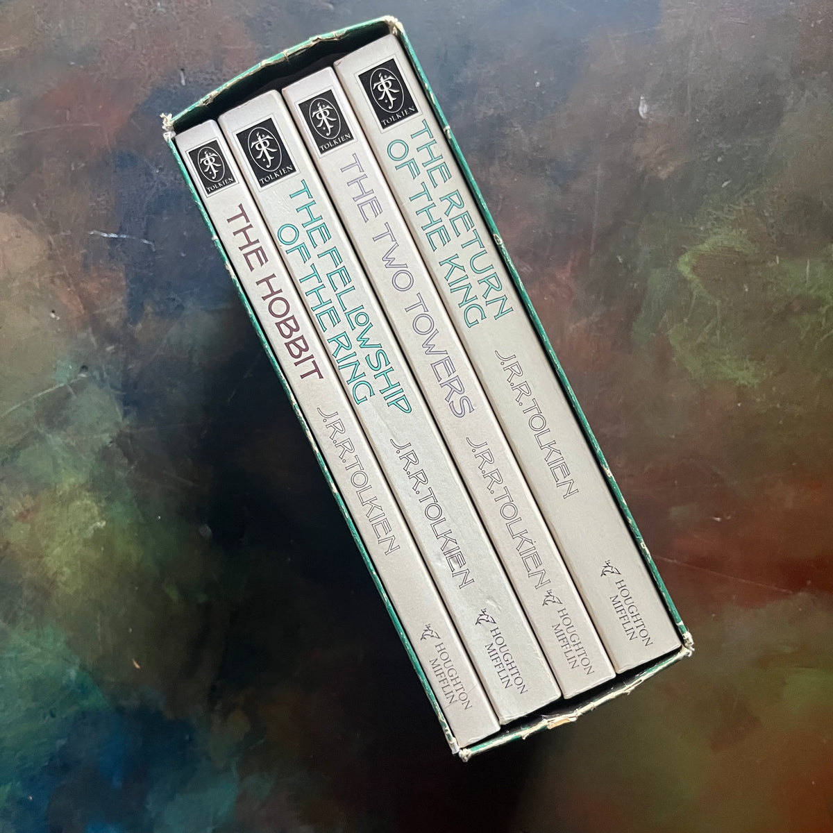 Houghlin Mifflin J.R.R. Tolkien Complete Lord of the Rings and The Hobbit Boxed Set-The Hobbit-The Fellowship of the Ring-The Two Towers-The Return of the King-J.R.R. Tolkien-vintage fantasy-view of the book spines sitting in boxed set