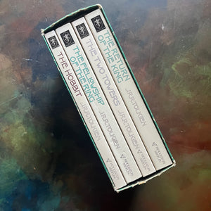 Houghlin Mifflin J.R.R. Tolkien Complete Lord of the Rings and The Hobbit Boxed Set-The Hobbit-The Fellowship of the Ring-The Two Towers-The Return of the King-J.R.R. Tolkien-vintage fantasy-view of the book spines sitting in boxed set