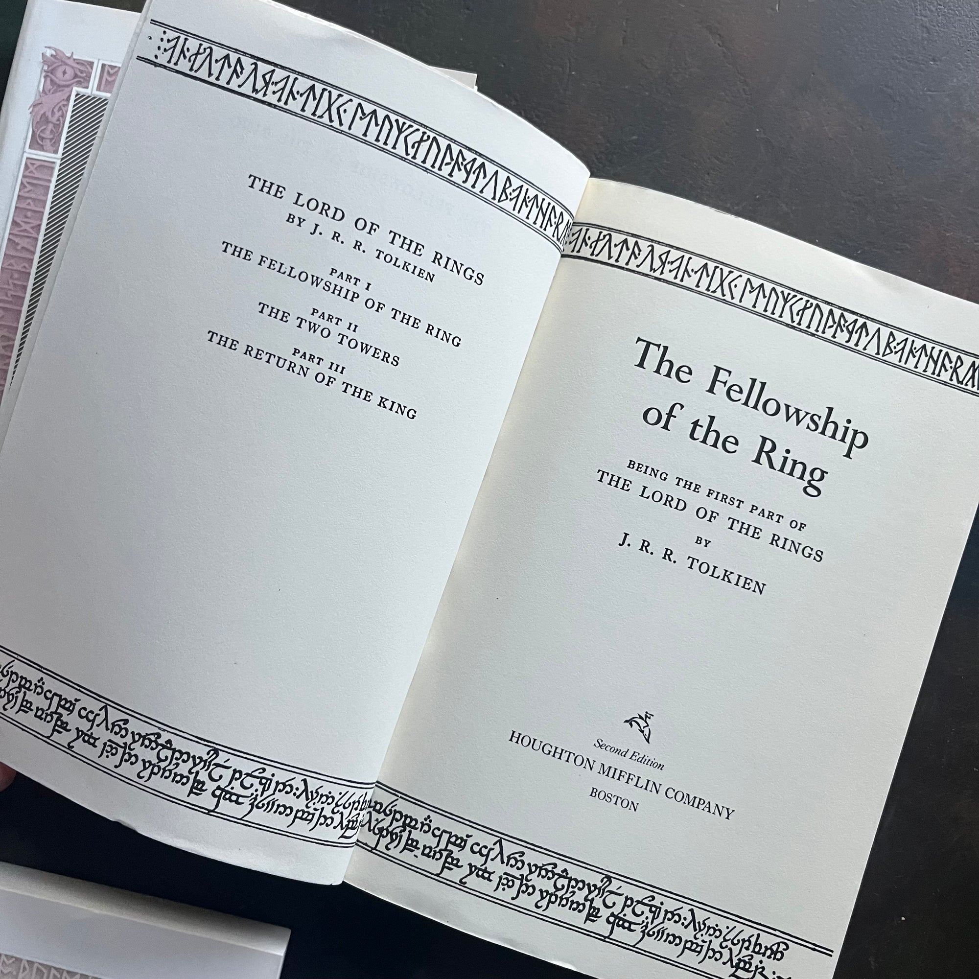 Houghlin Mifflin J.R.R. Tolkien Complete Lord of the Rings and The Hobbit Boxed Set-The Hobbit-The Fellowship of the Ring-The Two Towers-The Return of the King-J.R.R. Tolkien-vintage fantasy-view of the title page of The Fellowship of the Ring