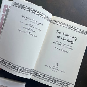 Houghlin Mifflin J.R.R. Tolkien Complete Lord of the Rings and The Hobbit Boxed Set-The Hobbit-The Fellowship of the Ring-The Two Towers-The Return of the King-J.R.R. Tolkien-vintage fantasy-view of the title page of The Fellowship of the Ring