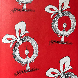 vintage children's picture book, vintage children's Christmas story - How the Grinch Stole Christmas written & illustrated by Dr. Seuss 1957 Edition - view of the inside cover closeup