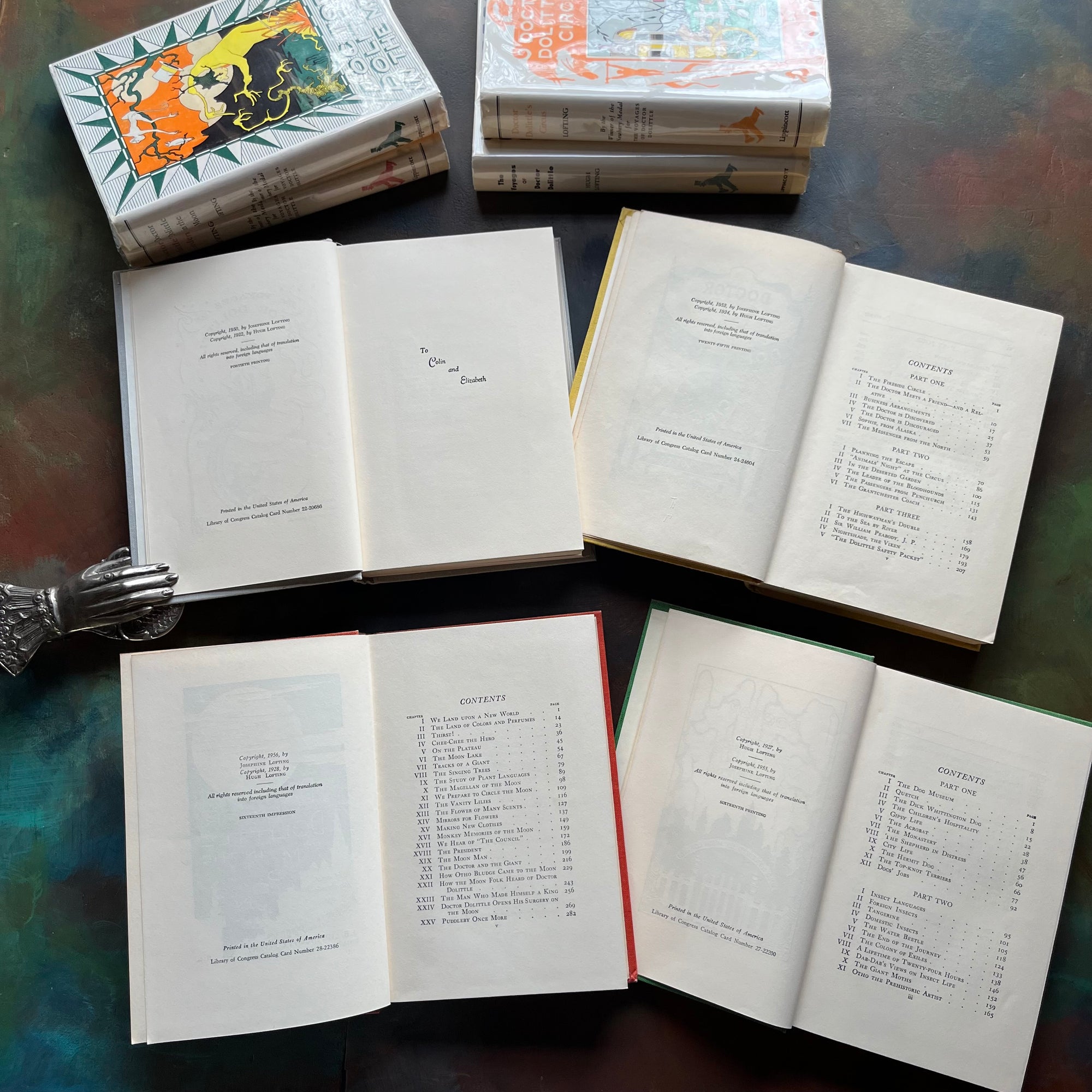 Hugh Lofting-Doctor Dolittle's Circus, Doctor Dolittle's Garden, Doctor Dolittle in the Moon and The Voyage of Doctor Dolittle-children's chapter books-view of the copyright, dedication & contents pages