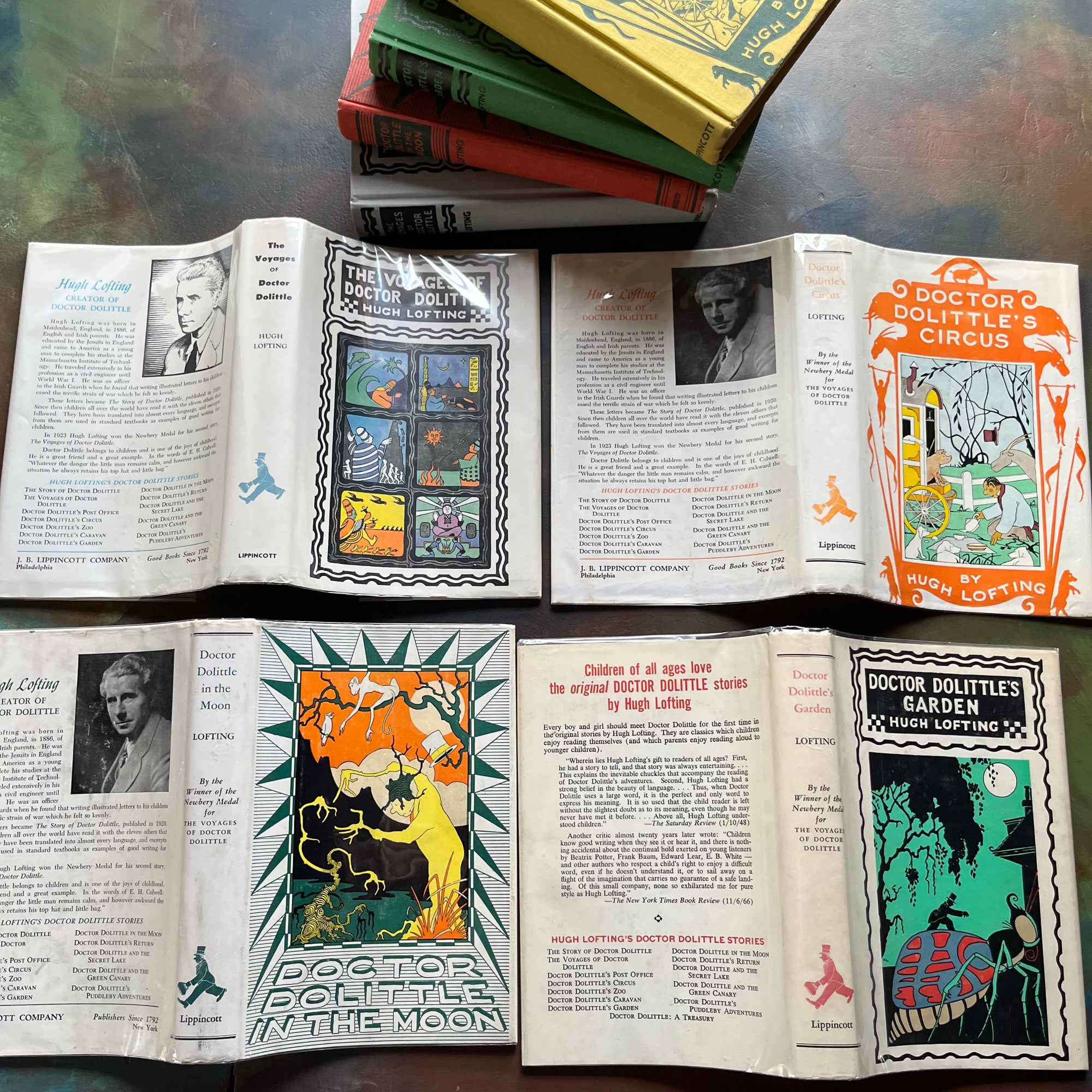 Hugh Lofting-Doctor Dolittle's Circus, Doctor Dolittle's Garden, Doctor Dolittle in the Moon and The Voyage of Doctor Dolittle-children's chapter books-view of the outsides of the dust jackets