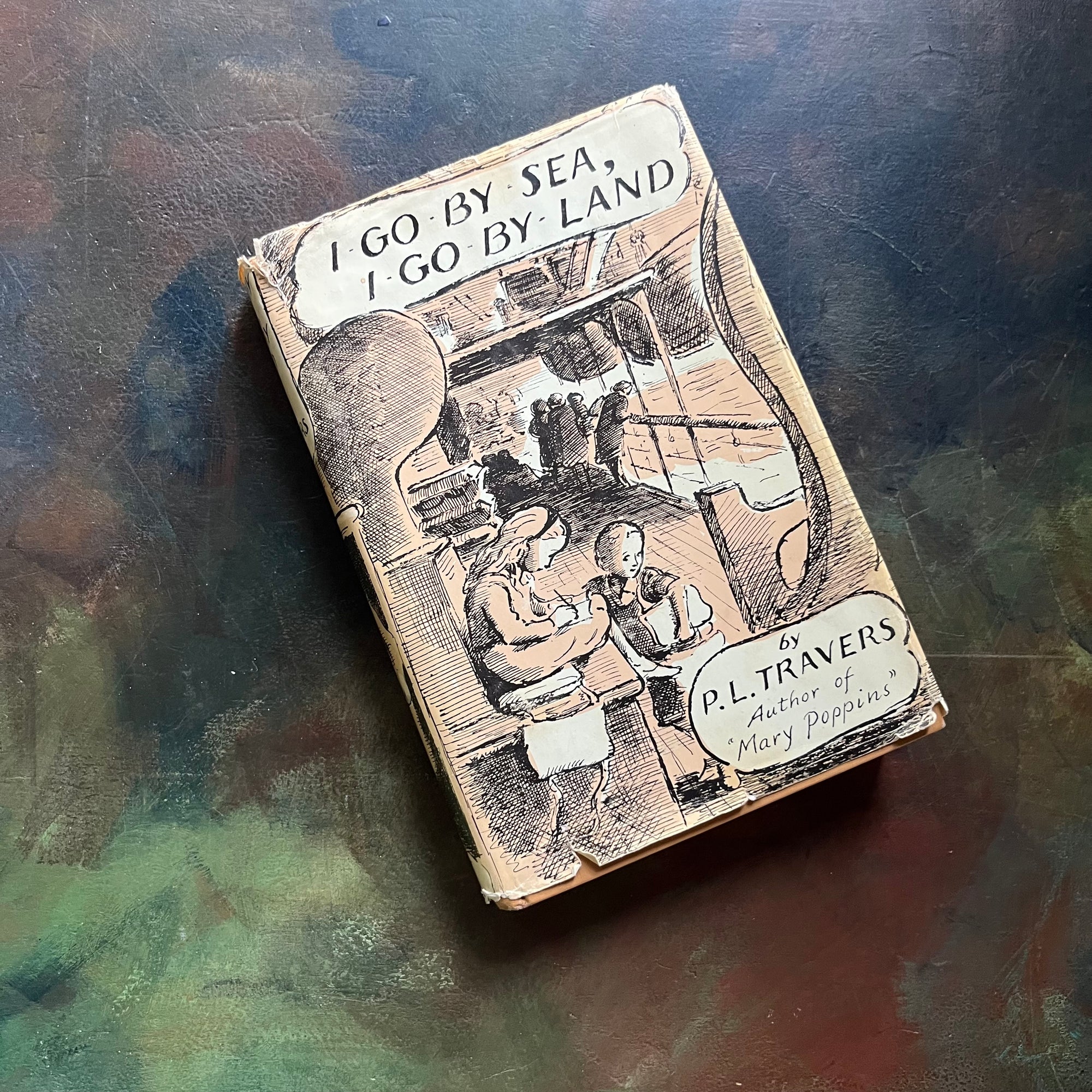 I Go by Sea, I Go By Land written by P. L. Travers (Mary Poppin's Author) with illustrations by Gertrude Hermes-vintage children's chapter book-1960's hardcover edition with dust jacket-view of the dust jacket's front cover with an image from the book showing two children on what appears to be a boat