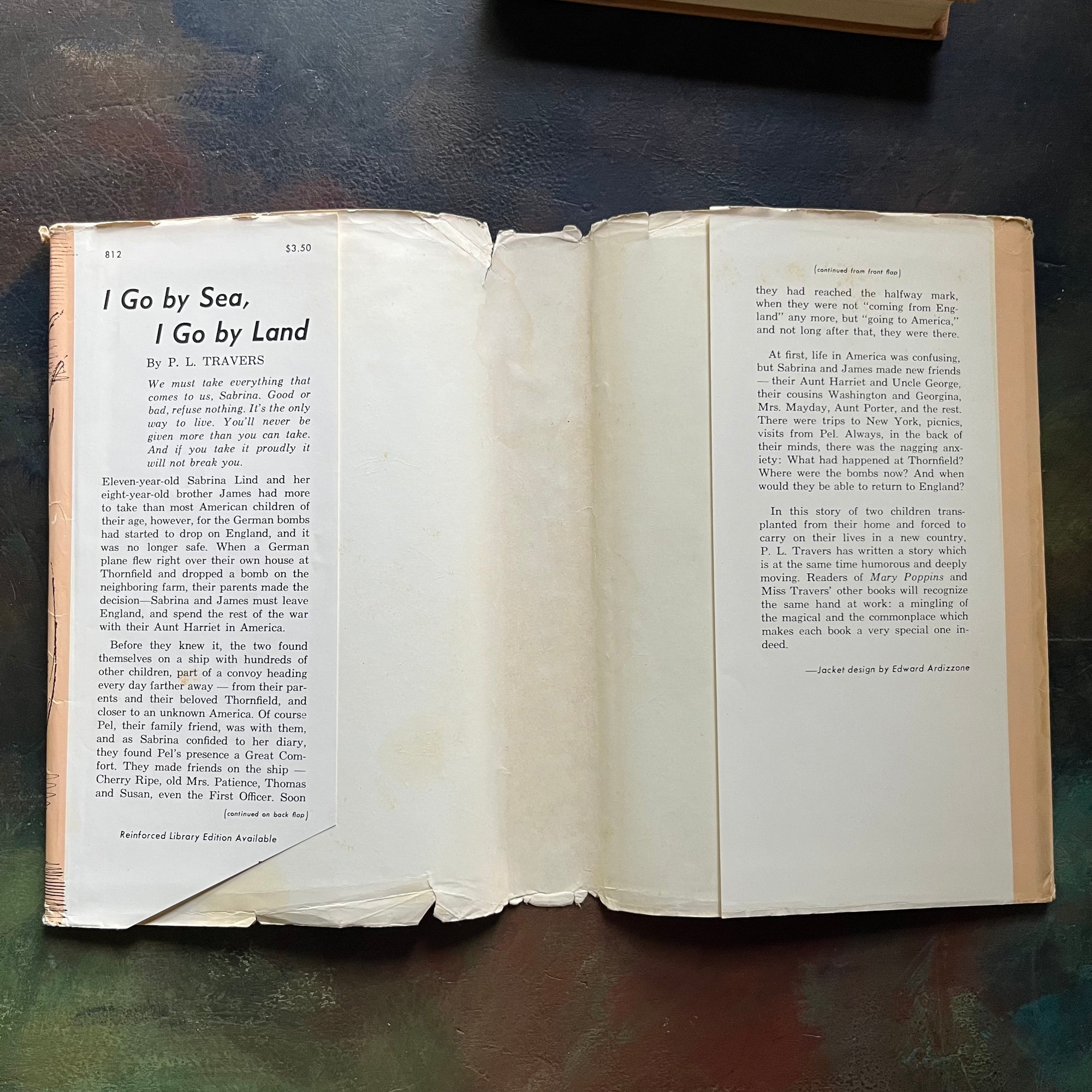 I Go by Sea, I Go By Land written by P. L. Travers (Mary Poppin's Author) with illustrations by Gertrude Hermes-vintage children's chapter book-1960's hardcover edition with dust jacket-view of the inside flaps of the dust jacket - note one corner has been clipped, however the original price is still listed at the top of the same flap