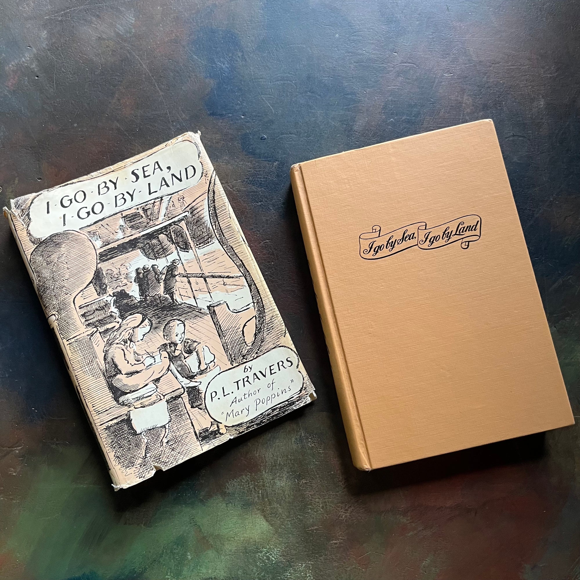 I Go by Sea, I Go By Land written by P. L. Travers (Mary Poppin's Author) with illustrations by Gertrude Hermes-vintage children's chapter book-1960's hardcover edition with dust jacket-view of the clothbound front cover with the title shown inside of a banner centered on the book cover