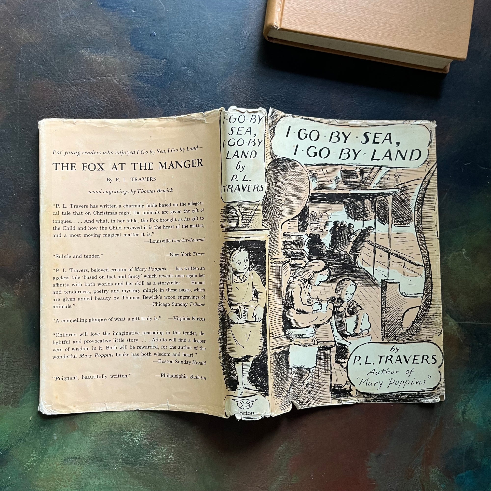 I Go by Sea, I Go By Land written by P. L. Travers (Mary Poppin's Author) with illustrations by Gertrude Hermes-vintage children's chapter book-1960's hardcover edition with dust jacket-view of the outside of the dust jacket showing the front, back & spine of the dust jacket