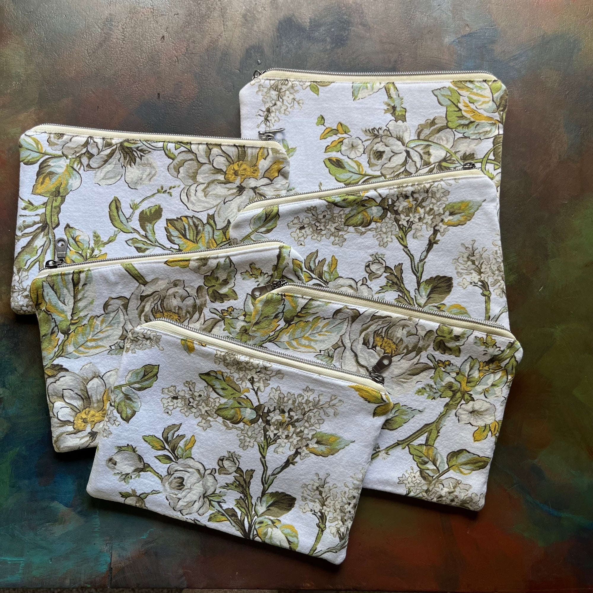 Vintage White Rose Floral Tablecloth Upcycled into Oversized Pencil Case - Small Clutch