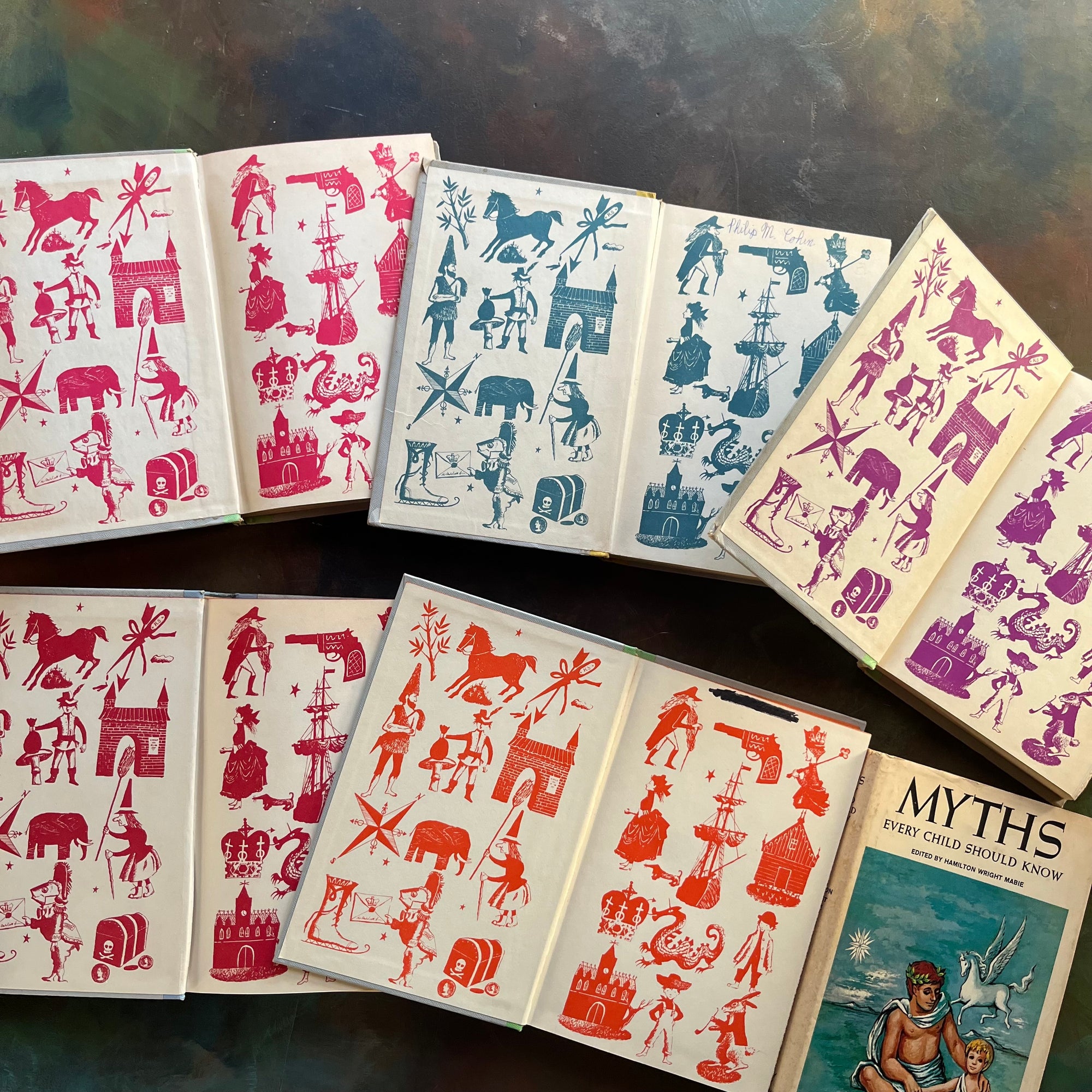 Collection of Junior Deluxe Editions Children's Chapter Books - Myths, Fairy Tales and Folklore Classic Tales for Imaginative Readers-Junior Deluxe Editions Book Bundle-vintage children's chapter books-view of the inside covers