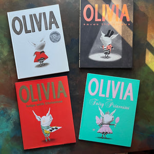 Ian Falconer Book Set-Olivia-Olivia Saves the Circus-Olivia Helps with Christmas-Olivia and the Fairy Princess-Caldecott Honor Book-view of the front covers all with images of Olivia the pig on them