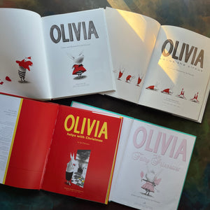 Ian Falconer Book Set-Olivia-Olivia Saves the Circus-Olivia Helps with Christmas-Olivia and the Fairy Princess-Caldecott Honor Book-view of the title pages