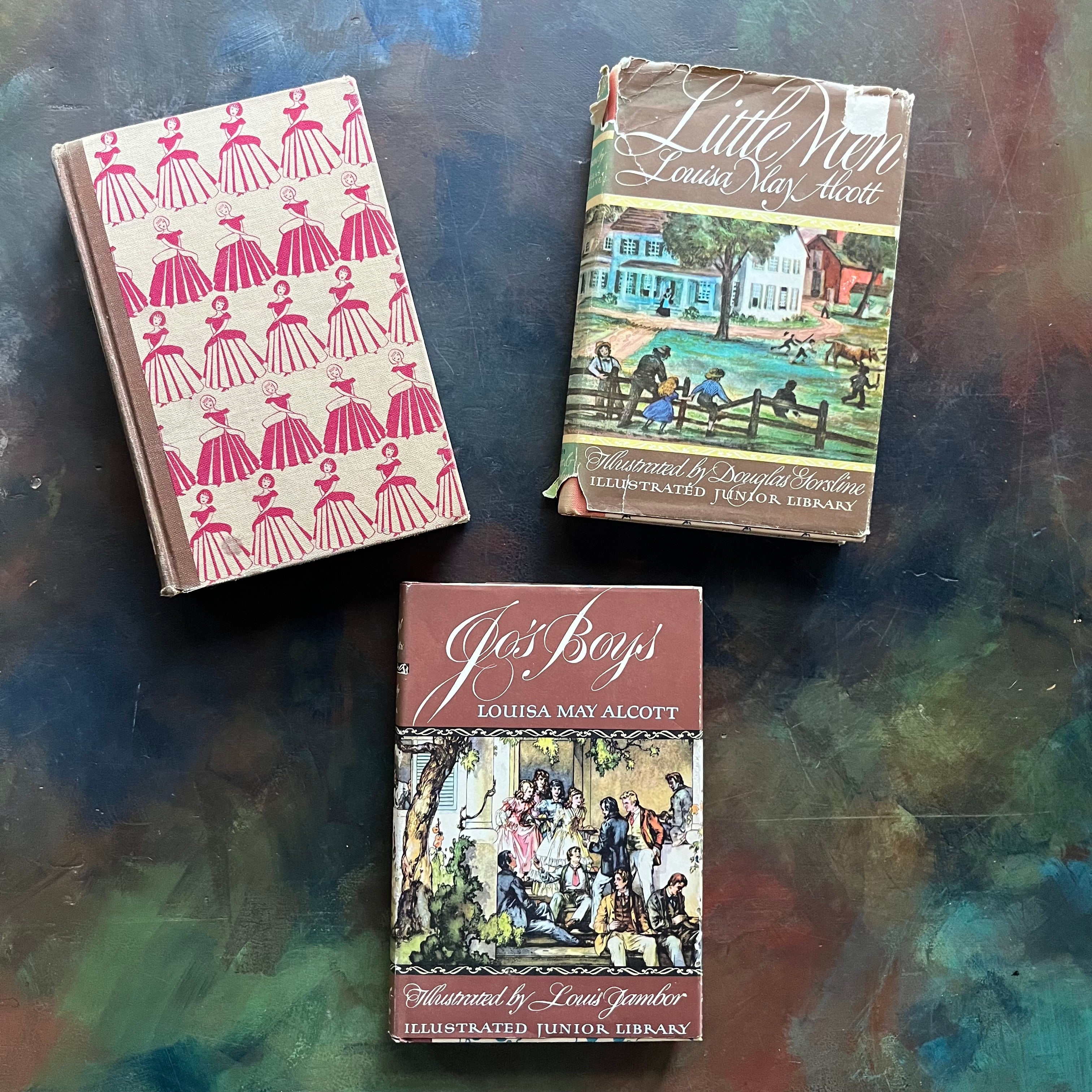 Illustrated Junior Library Editions Book Set-Little Women-Little Men-Jo's Boys- written by Louisa May Alcott-classic children's literature-view of the front covers with their dust jackets on