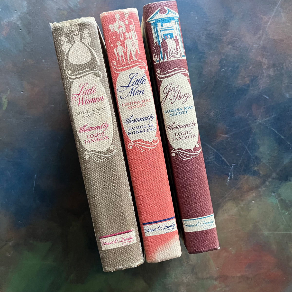 Illustrated Junior Library Editions Book Set-Little Women-Little Men-Jo's Boys- written by Louisa May Alcott-classic children's literature-view of the spines