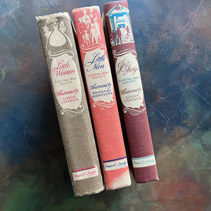 Illustrated Junior Library Editions Book Set-Little Women-Little Men-Jo's Boys- written by Louisa May Alcott-classic children's literature-view of the spines