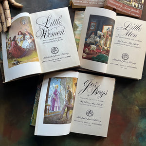 Illustrated Junior Library Editions Book Set-Little Women-Little Men-Jo's Boys- written by Louisa May Alcott-classic children's literature-view of the title pages and frontispieces 