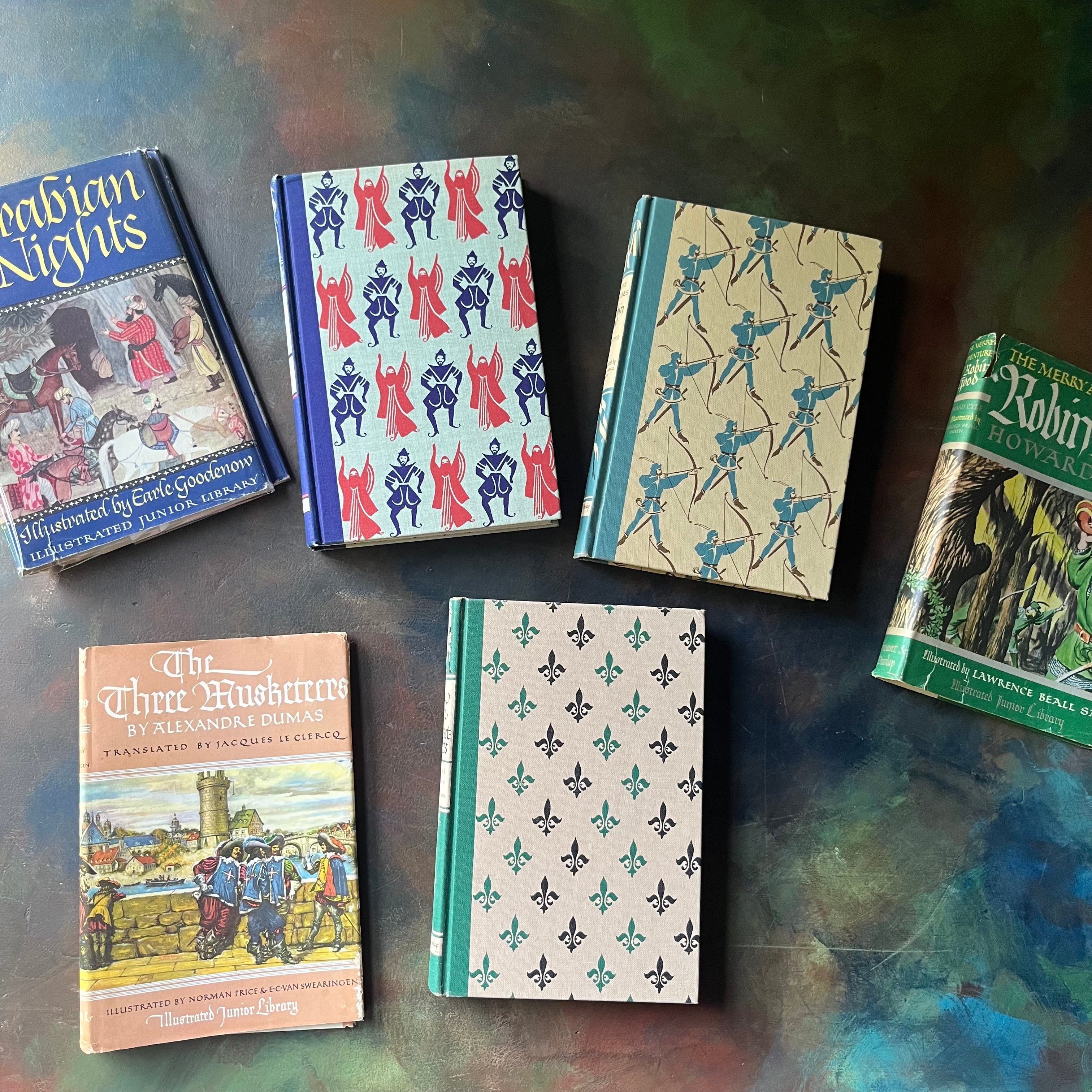 Illustrated Junior Library Editions Book Set-Three Musketeers-The Merry Adventures of Robin Hood-Arabian Nights-classic children's literature-view of the front covers