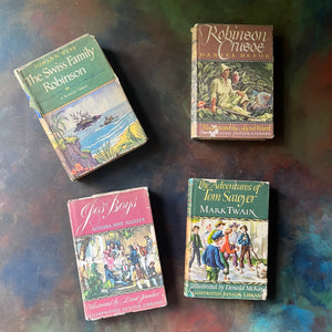 Illustrated Junior Library Editions Book Set-The Adventures of Tom Sawyer-Jo's Boys-Robinson Crusoe-The Swiss Family Robinson-classic children's literature-view of the dust jacket's front covers