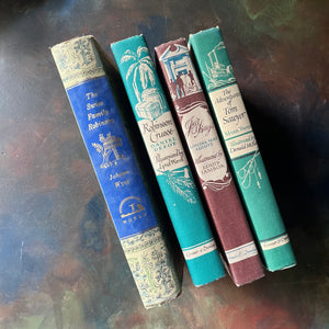 Illustrated Junior Library Editions Book Set-The Adventures of Tom Sawyer-Jo's Boys-Robinson Crusoe-The Swiss Family Robinson-classic children's literature-view of the spines