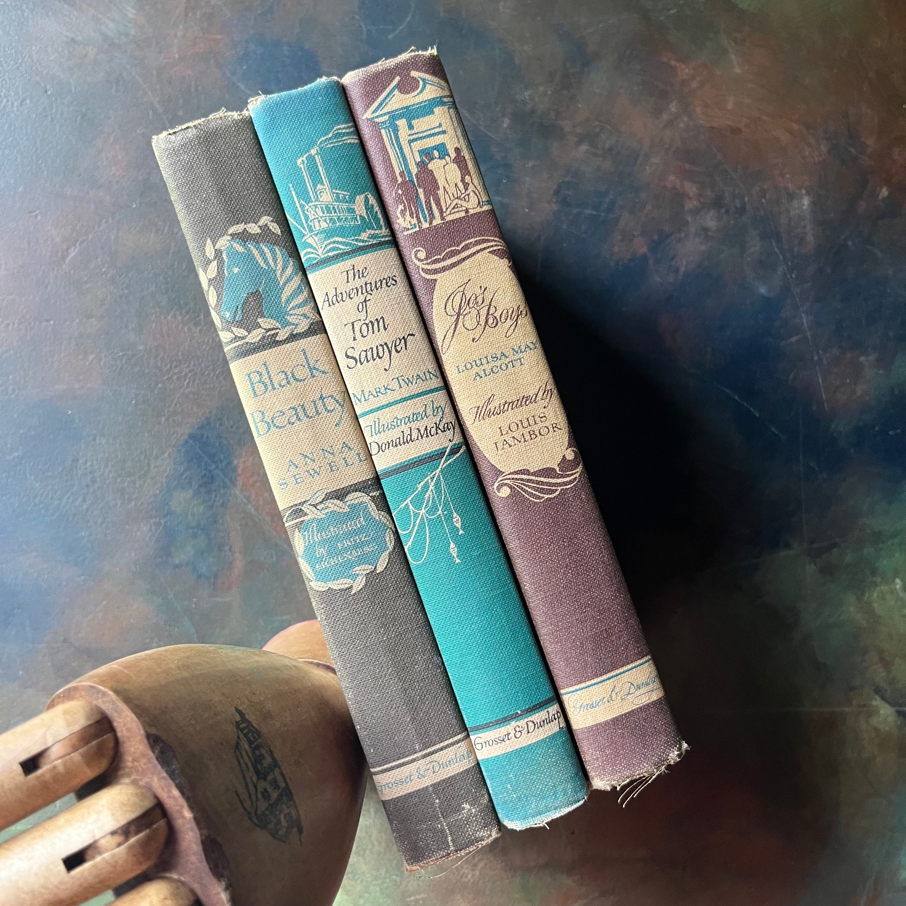 Illustrated Junior Library Series Book Set-Black Beauty-Jo's Boys-The Adventures of Tom Sawyer-classic children's literature-view of the spines