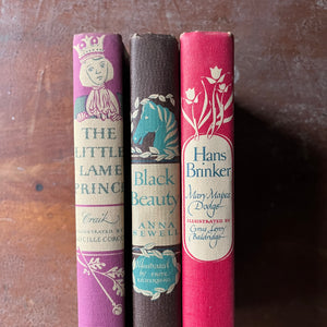 vintage children's classic literature - Illustrated Junior Library Series Book Set-Black Beauty written by Anna Sewell, The Little Lame Prince written by Dinah Maria Mulock Craik, & Hans Brinker written by Mary Mapes Dodge - view of the decorative spines - close up