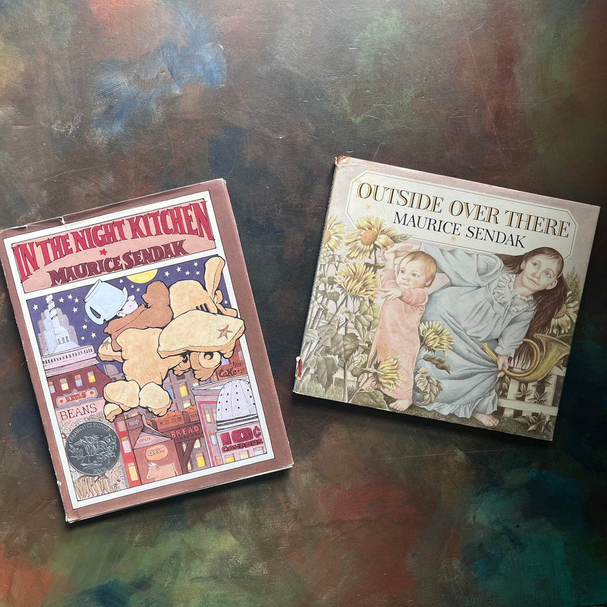 In the Night Kitchen 25th Anniversary Edition-Outside Over There-Written and illustrated by Maurice Sendak-vintage children's picture books-view of the dust jacket's front covers
