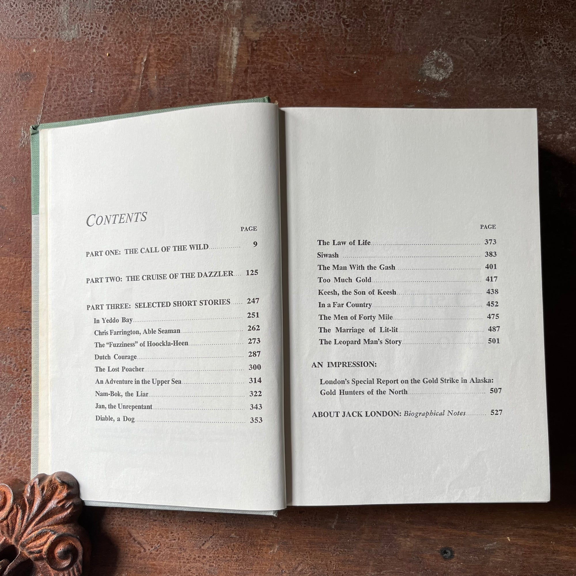 vintage children's chapter book, vintage short stories, vintage dog books - Jack London's Stories The Call of the Wild, The Cruise of the Dazzler & Other Stories of Adventure - view of the contents pages