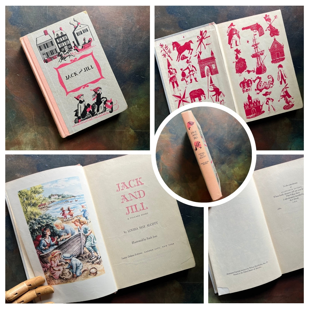 A collage of Junior Deluxe Edition books showing the cover, inside cover, spine, title page and copyright page of the book, Jack and Jill, written by Louisa May Alcott - vintage children's classic literature books-collectible children's books-rainbow book spines