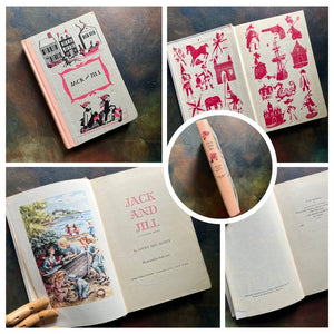 A collage of Junior Deluxe Edition books showing the cover, inside cover, spine, title page and copyright page of the book, Jack and Jill, written by Louisa May Alcott - vintage children's classic literature books-collectible children's books-rainbow book spines