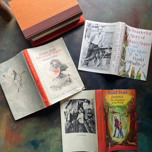 James and the Giant Peach-Danny Champion of the World-The Wonderful Story of Henry Sugar-vintage Roald Dahl Books- view of the outside of the dust jackets. Note the condition of James and the Giant Peach's dust jacket - a bit wrinkly and not glossy like the two others