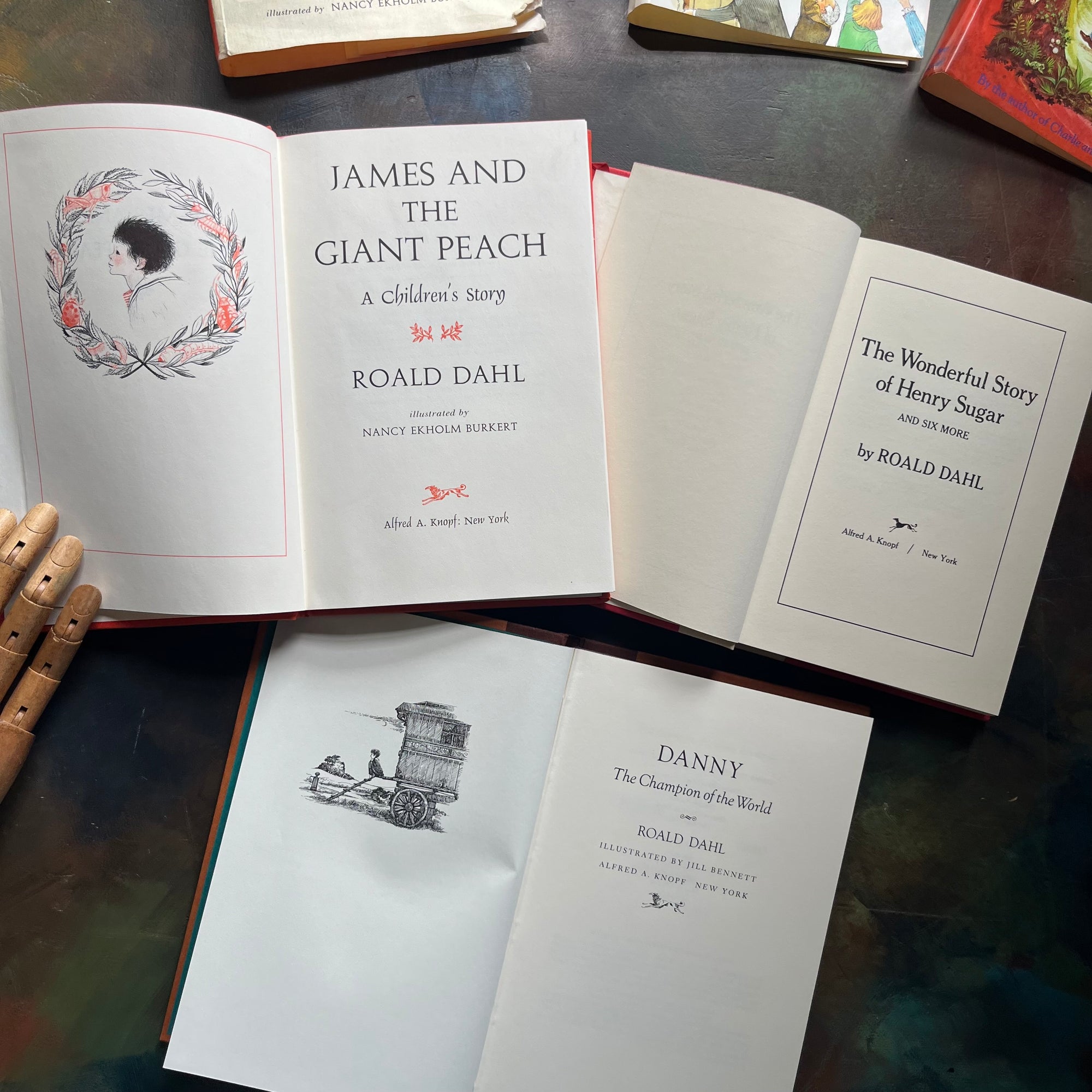 James and the Giant Peach-Danny Champion of the World-The Wonderful Story of Henry Sugar-vintage Roald Dahl Books-vintage Roald Dahl children's chapter books-classic children's books-view of the title pages