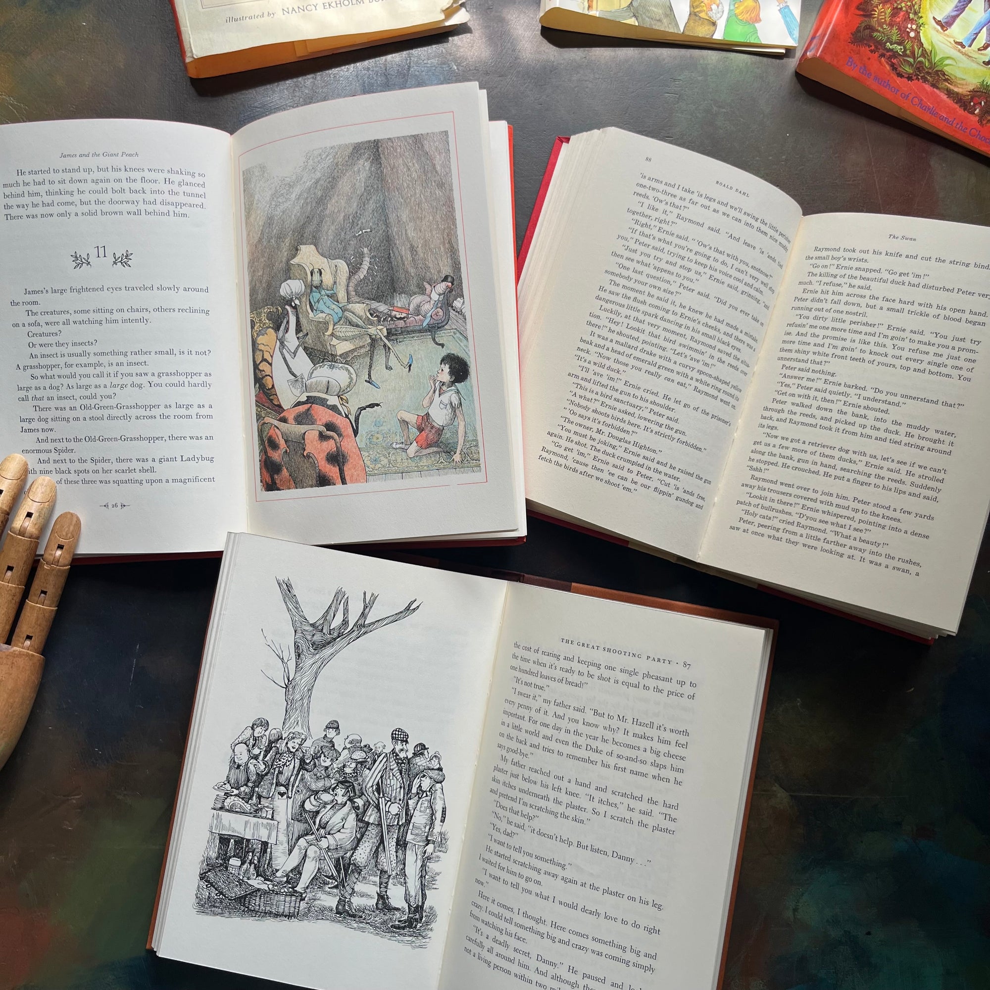 James and the Giant Peach-Danny Champion of the World-The Wonderful Story of Henry Sugar-vintage Roald Dahl Books-vintage Roald Dahl children's chapter books-classic children's books-view of the illustrations