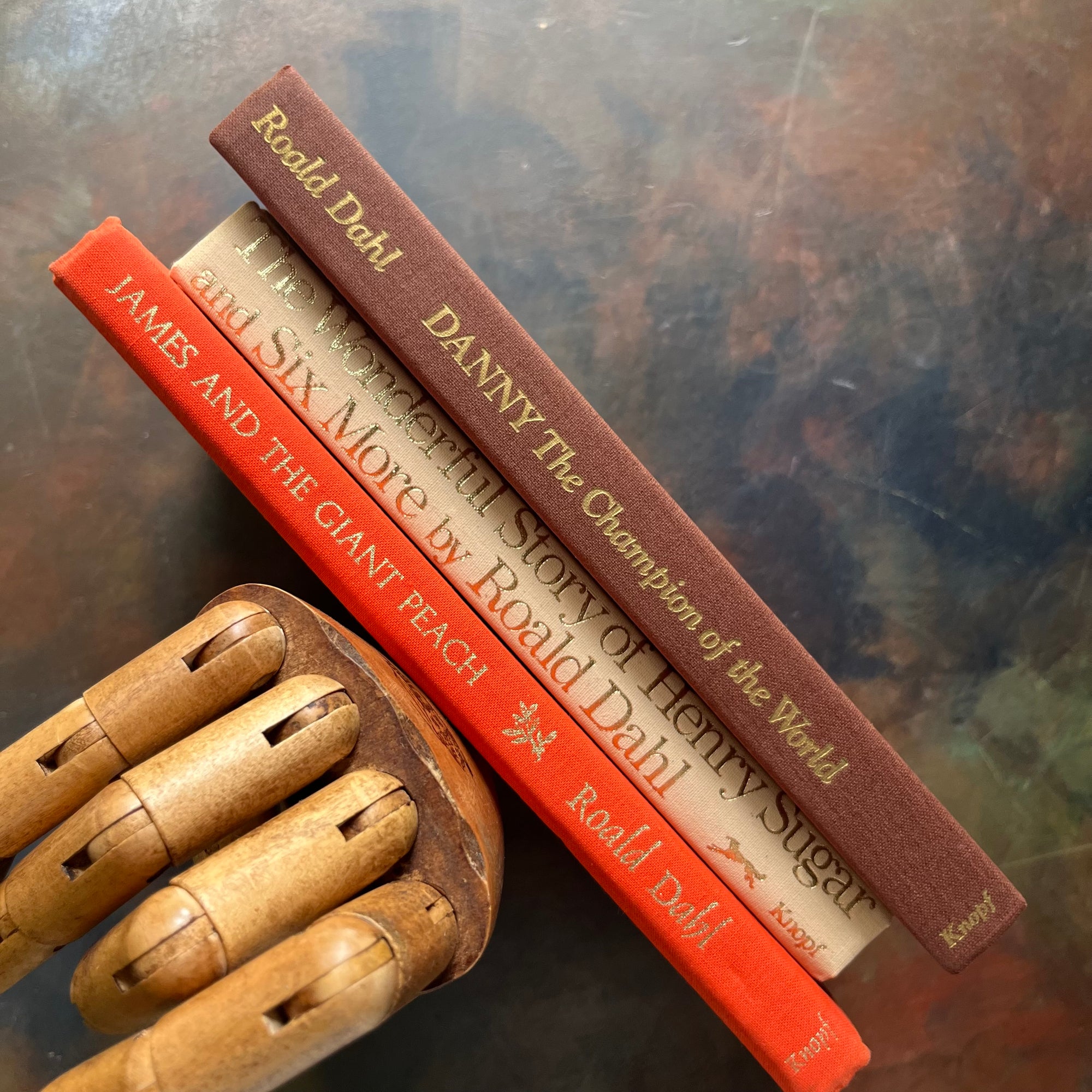 James and the Giant Peach-Danny Champion of the World-The Wonderful Story of Henry Sugar-vintage Roald Dahl Books-vintage Roald Dahl children's chapter books-classic children's books-view of the spines