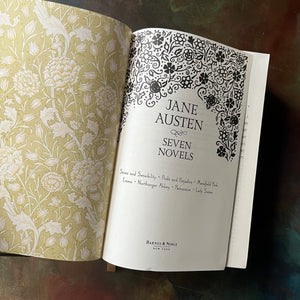 Jane Austen Seven Novels -Barnes and Noble Collectible Editions-Leatherbound Gift Book-Classic English Literature-view of the title page with the frontispiece in the same design as the inside cover's endpapers