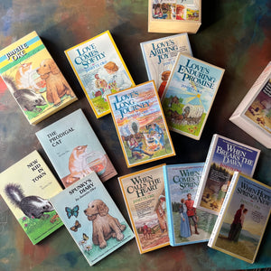 Janette Oke Book Set-Canadian West Series-Prairie Romance Series-Classic Collection-vintage Christian Fiction-spines-view of the front covers with the book sleeves in the background