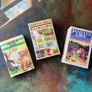 Janette Oke Book Set-Canadian West Series-Prairie Romance Series-Classic Collection-vintage Christian Fiction-spines-view of the side of the book sleeve