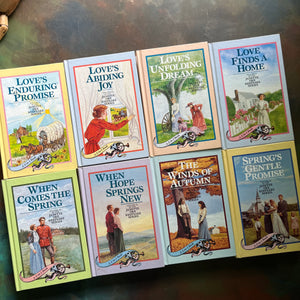 Janette Oke's Keepsake Series-complete book set-Seasons of the Heart-Canadian West-Love Comes Softly-Guideposts-vintage Christian fiction-view of the covers on one side